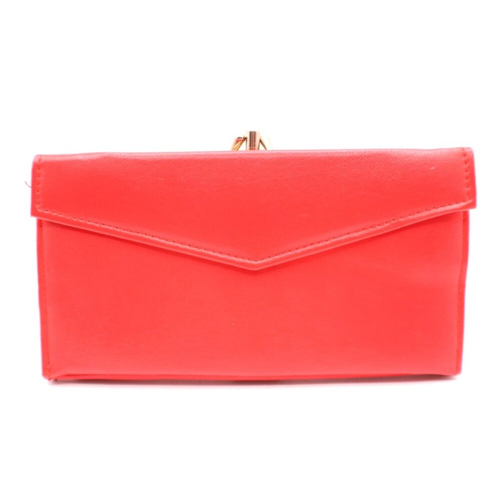 Red Clutch Wallet Kiss Lock Coin Purse Folding Floral Lining Faux Leather Vtg